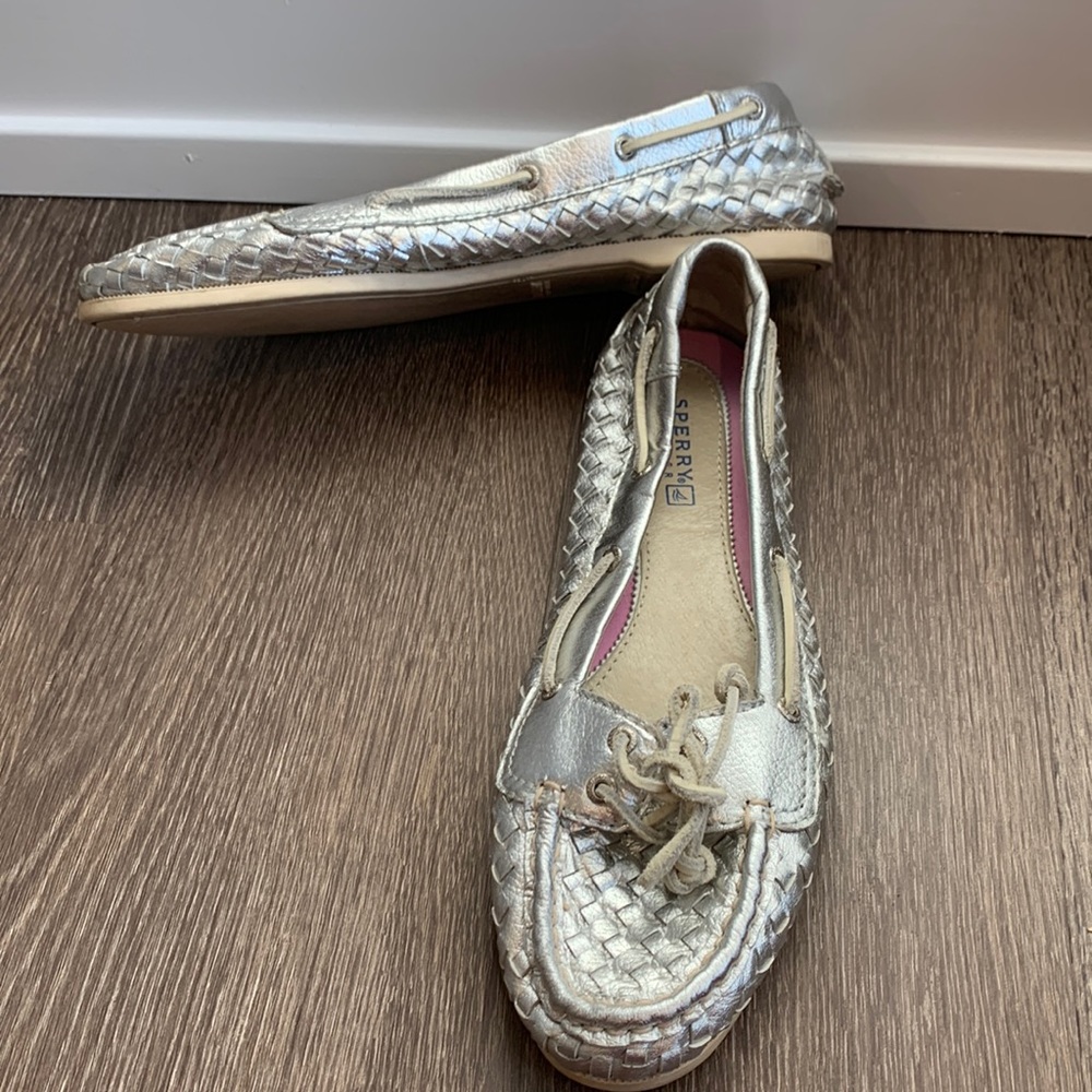 Sperry Silver Metallic Woven Leather Boat Shoes Sz 7